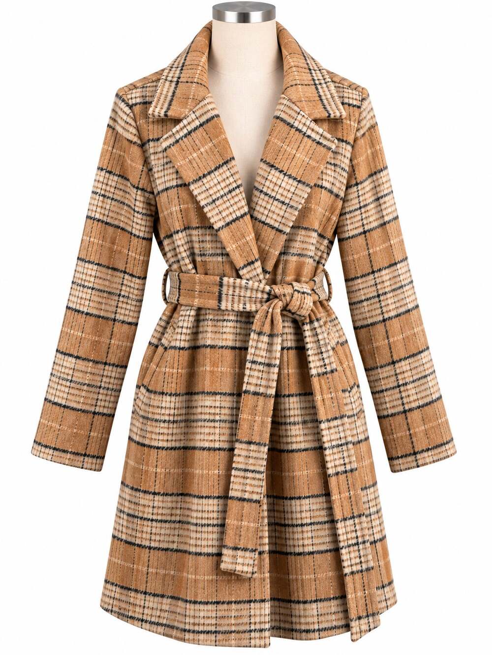 TIMING Womens Tan Brown Plaid Belted Wrap Coat Notched Lapel - Size L